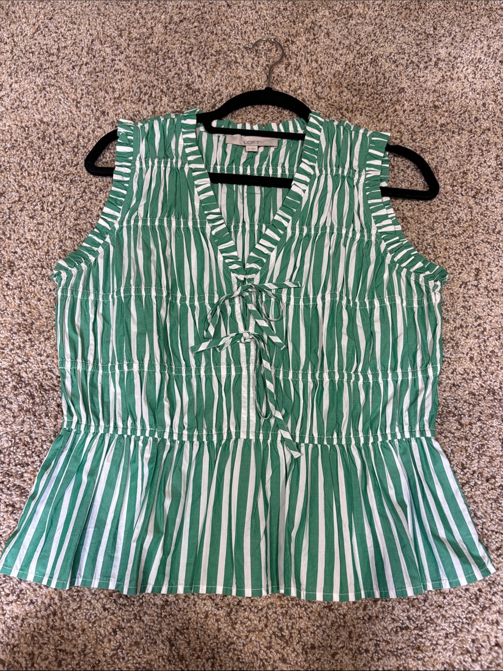 LOFT Green & White Striped Tie-Front Peplum Tank
